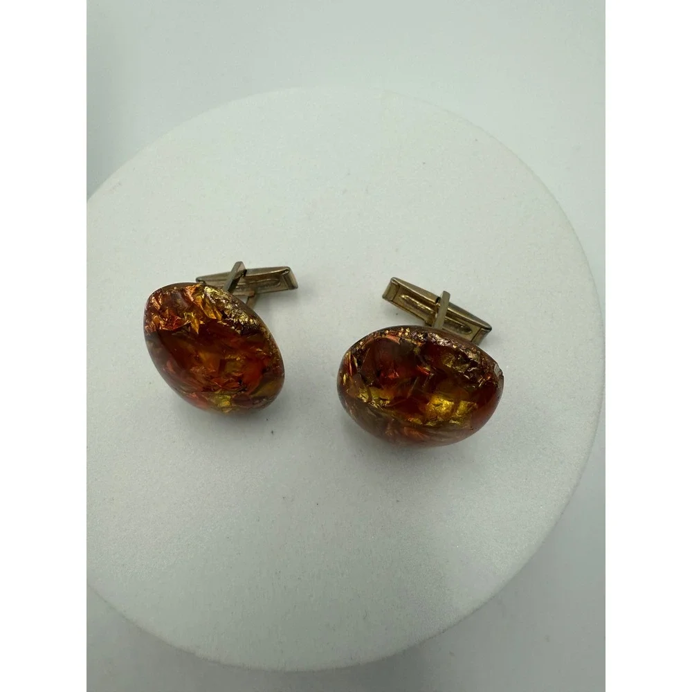 Vintage Mid Century Gold Foil Faux Amber Resin Oval Cufflinks Orange Gold Tone